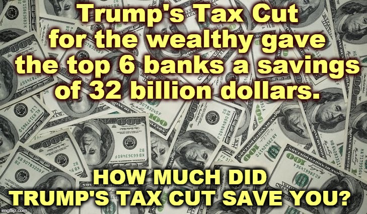 Trump IS the Coastal Elite. He takes care of his own. | Trump's Tax Cut for the wealthy gave the top 6 banks a savings of 32 billion dollars. HOW MUCH DID TRUMP'S TAX CUT SAVE YOU? | image tagged in trump,banks,tax cuts for the rich | made w/ Imgflip meme maker