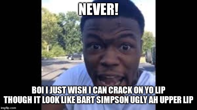 dc young fly roast | NEVER! BOI I JUST WISH I CAN CRACK ON YO LIP THOUGH IT LOOK LIKE BART SIMPSON UGLY AH UPPER LIP | image tagged in dc young fly roast | made w/ Imgflip meme maker