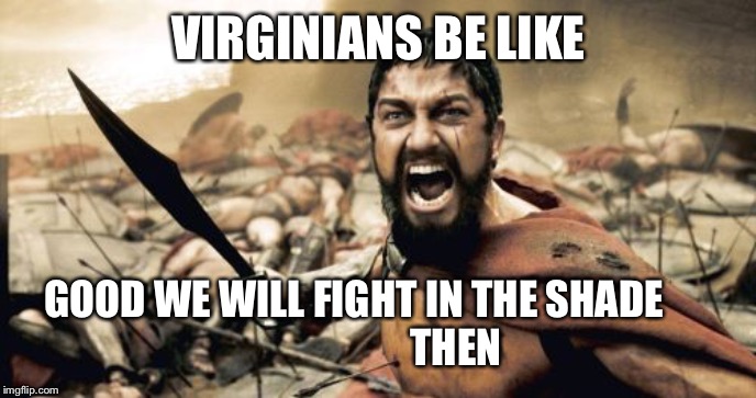 Sparta Leonidas Meme | VIRGINIANS BE LIKE; GOOD WE WILL FIGHT IN THE SHADE         
                   THEN | image tagged in memes,sparta leonidas | made w/ Imgflip meme maker
