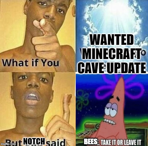 WANTED MINECRAFT CAVE UPDATE; NOTCH; BEES | image tagged in what if you wanted to go to heaven,patrick star | made w/ Imgflip meme maker