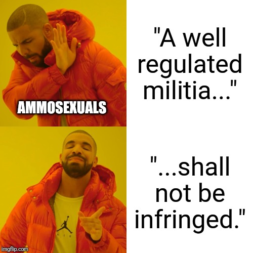 Selective Reading | "A well regulated militia..."; AMMOSEXUALS; "...shall not be infringed." | image tagged in memes,drake hotline bling,second amendment,gun control,cherrypicking | made w/ Imgflip meme maker
