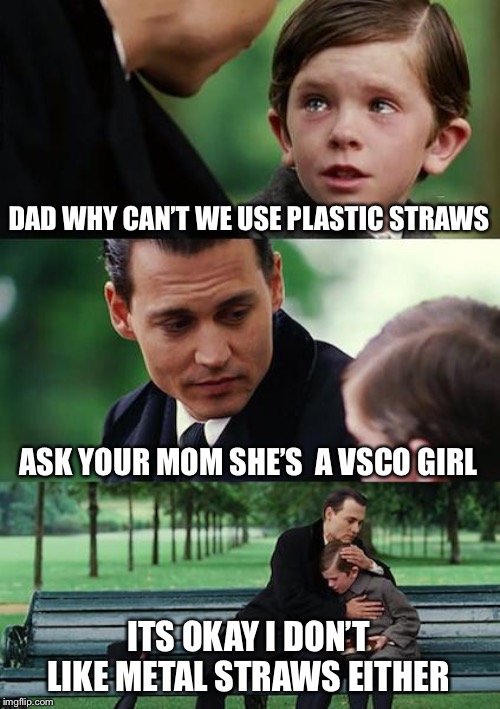 Finding Neverland | DAD WHY CAN’T WE USE PLASTIC STRAWS; ASK YOUR MOM SHE’S  A VSCO GIRL; ITS OKAY I DON’T LIKE METAL STRAWS EITHER | image tagged in memes,finding neverland | made w/ Imgflip meme maker