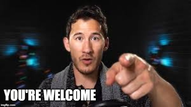 Markiplier pointing | YOU'RE WELCOME | image tagged in markiplier pointing | made w/ Imgflip meme maker