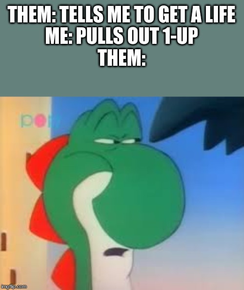 THEM: TELLS ME TO GET A LIFE
ME: PULLS OUT 1-UP
THEM: | image tagged in yoshi,wait a minute | made w/ Imgflip meme maker