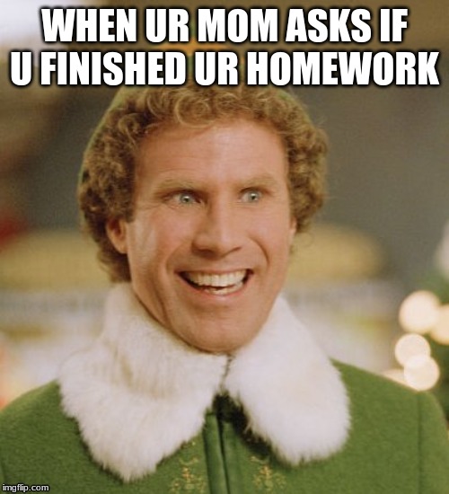 Buddy The Elf Meme | WHEN UR MOM ASKS IF U FINISHED UR HOMEWORK | image tagged in memes,buddy the elf | made w/ Imgflip meme maker