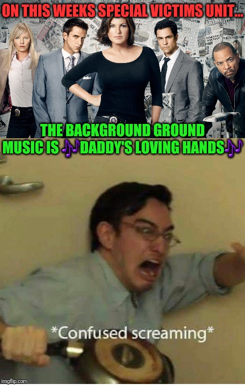 ON THIS WEEKS SPECIAL VICTIMS UNIT... THE BACKGROUND GROUND MUSIC IS 🎶DADDY'S LOVING HANDS🎶 | image tagged in svu,confused screaming | made w/ Imgflip meme maker