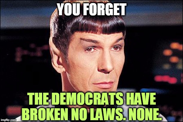 Condescending Spock | YOU FORGET THE DEMOCRATS HAVE BROKEN NO LAWS. NONE. | image tagged in condescending spock | made w/ Imgflip meme maker