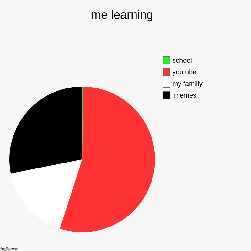 me learning  |  memes, my familly, youtube, school | image tagged in charts,pie charts | made w/ Imgflip chart maker