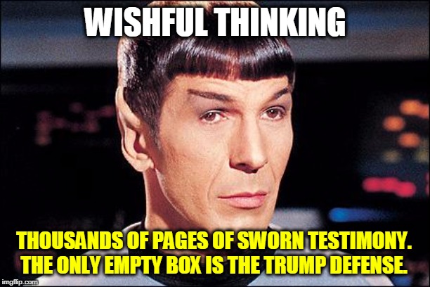Condescending Spock | WISHFUL THINKING THOUSANDS OF PAGES OF SWORN TESTIMONY. THE ONLY EMPTY BOX IS THE TRUMP DEFENSE. | image tagged in condescending spock | made w/ Imgflip meme maker