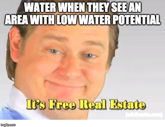 It's Free Real Estate | WATER WHEN THEY SEE AN AREA WITH LOW WATER POTENTIAL | image tagged in it's free real estate | made w/ Imgflip meme maker