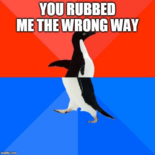 Socially Awesome Awkward Penguin | YOU RUBBED ME THE WRONG WAY | image tagged in memes,socially awesome awkward penguin | made w/ Imgflip meme maker