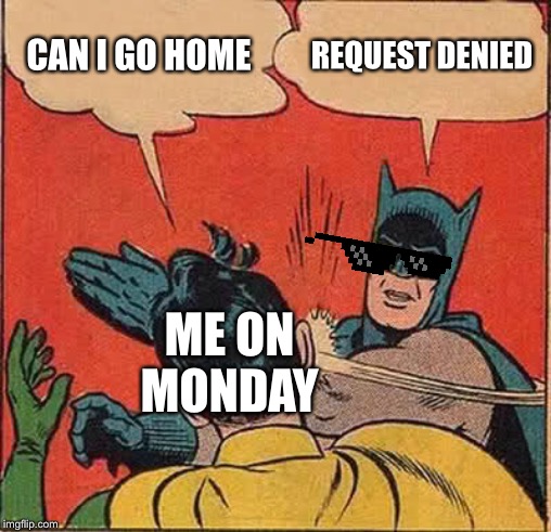 Batman Slapping Robin Meme | CAN I GO HOME; REQUEST DENIED; ME ON MONDAY | image tagged in memes,batman slapping robin | made w/ Imgflip meme maker