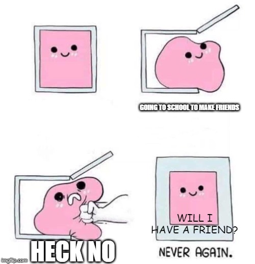 Never again | GOING TO SCHOOL TO MAKE FRIENDS; HECK NO; WILL I HAVE A FRIEND? | image tagged in never again | made w/ Imgflip meme maker