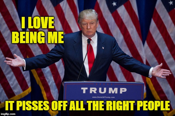 Telling it like it is | I LOVE BEING ME; IT PISSES OFF ALL THE RIGHT PEOPLE | image tagged in donald trump,trump,maga | made w/ Imgflip meme maker