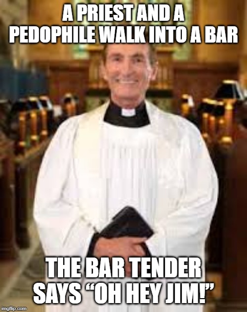 Duality | A PRIEST AND A PEDOPHILE WALK INTO A BAR; THE BAR TENDER SAYS “OH HEY JIM!” | image tagged in priest | made w/ Imgflip meme maker