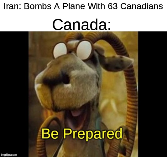 Be Prepared Caused Canada Is Ready... | Iran: Bombs A Plane With 63 Canadians; Canada: | image tagged in memes,goat,funny,be prepared,wwiii | made w/ Imgflip meme maker