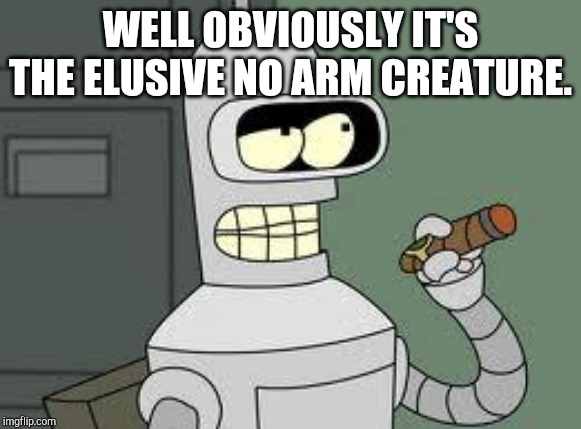 WELL OBVIOUSLY IT'S THE ELUSIVE NO ARM CREATURE. | image tagged in bender | made w/ Imgflip meme maker