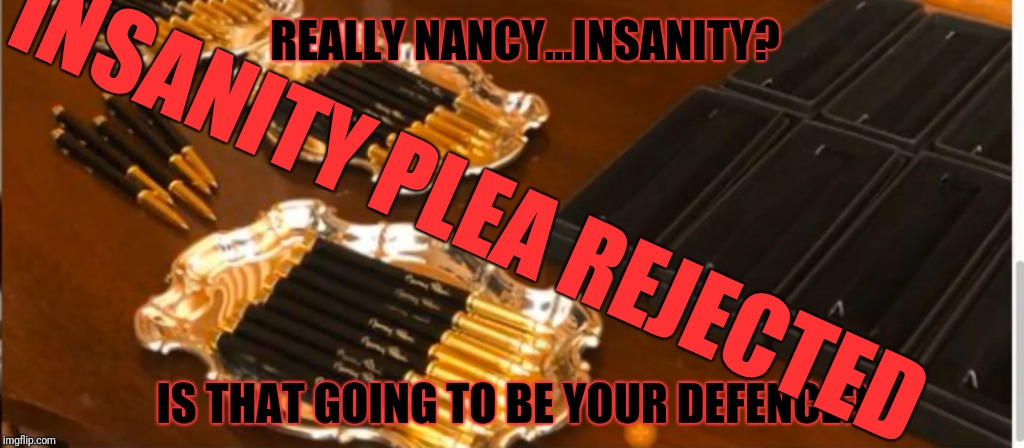 Nancy to plead Insanity | REALLY NANCY...INSANITY? INSANITY PLEA REJECTED; IS THAT GOING TO BE YOUR DEFENCE? | image tagged in insane nancy,corrupt,deepstate puppet,justice,pain,patriotsarenowincontrol | made w/ Imgflip meme maker