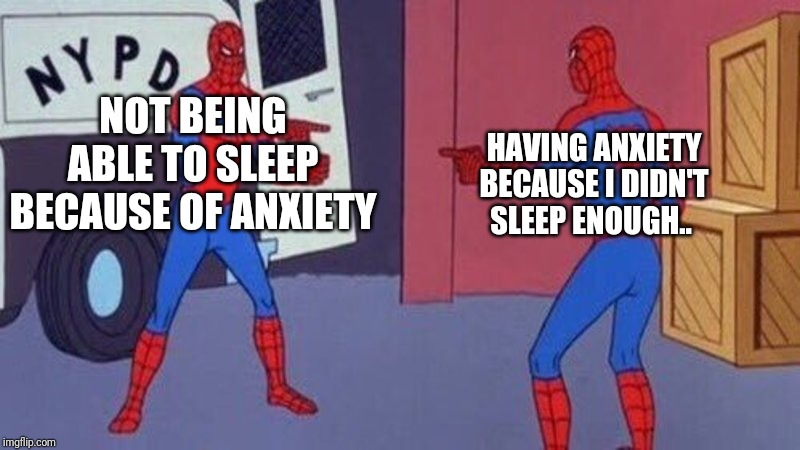 spiderman pointing at spiderman | NOT BEING ABLE TO SLEEP BECAUSE OF ANXIETY; HAVING ANXIETY BECAUSE I DIDN'T SLEEP ENOUGH.. | image tagged in spiderman pointing at spiderman,funny,funny memes,lol so funny,fun,stop reading the tags | made w/ Imgflip meme maker