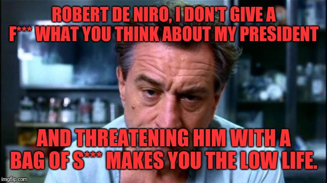 robert de niro | ROBERT DE NIRO, I DON'T GIVE A F*** WHAT YOU THINK ABOUT MY PRESIDENT; AND THREATENING HIM WITH A BAG OF S*** MAKES YOU THE LOW LIFE. | image tagged in robert de niro | made w/ Imgflip meme maker