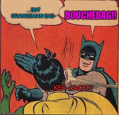 Batman Slapping Robin | ...BUT ORANGEMAN BAD-; DOUCHEBAG!! KER-AACKK! | image tagged in memes,batman slapping robin | made w/ Imgflip meme maker
