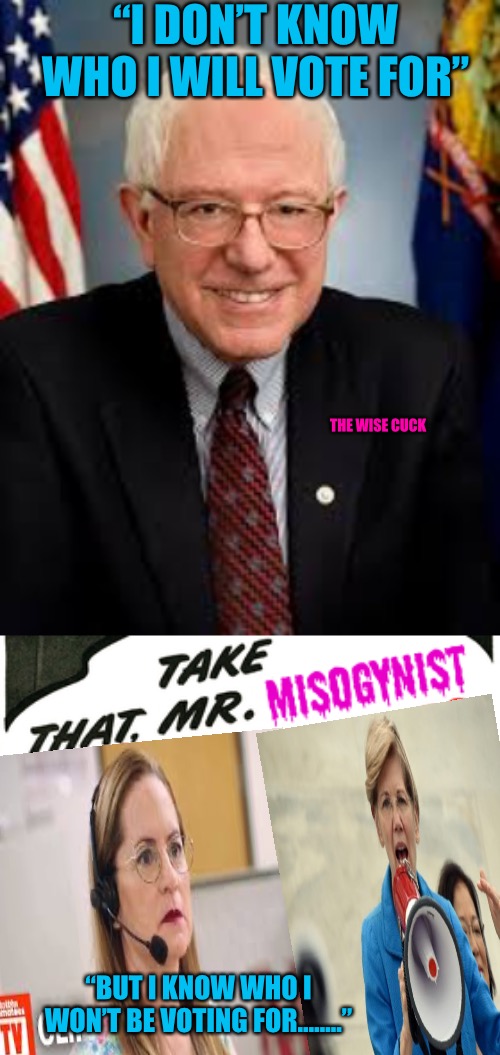 WTF? | “I DON’T KNOW WHO I WILL VOTE FOR”; THE WISE CUCK; “BUT I KNOW WHO I WON’T BE VOTING FOR........” | image tagged in flashback,misogyny,vote,progressives,elizabeth warren,bernie sanders | made w/ Imgflip meme maker