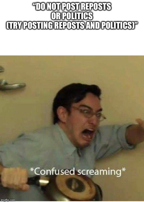 confused screaming | “DO NOT POST REPOSTS OR POLITICS
(TRY POSTING REPOSTS AND POLITICS)” | image tagged in confused screaming | made w/ Imgflip meme maker