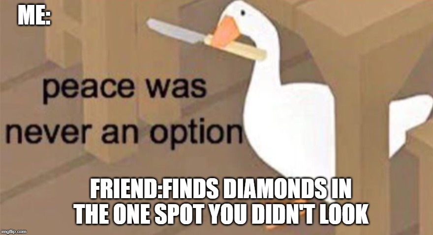 Untitled Goose Peace Was Never an Option | ME:; FRIEND:FINDS DIAMONDS IN THE ONE SPOT YOU DIDN'T LOOK | image tagged in untitled goose peace was never an option | made w/ Imgflip meme maker