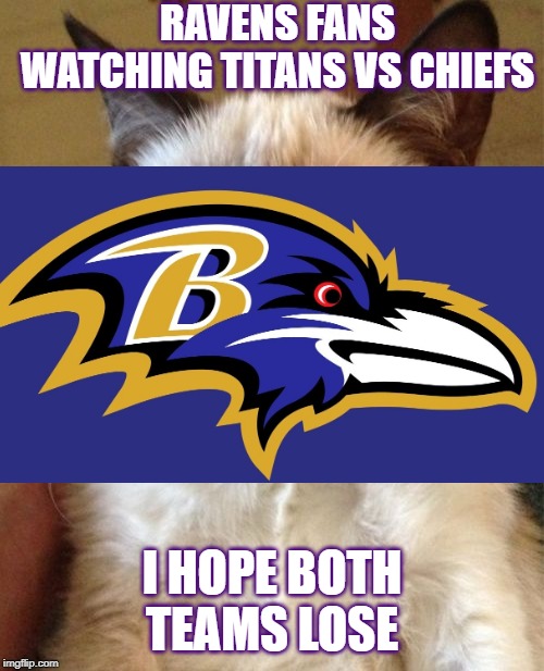 Grumpy Cat Meme | RAVENS FANS WATCHING TITANS VS CHIEFS; I HOPE BOTH TEAMS LOSE | image tagged in memes,grumpy cat | made w/ Imgflip meme maker