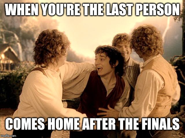 Glee-filled Frodo - Rivendell Reunion | WHEN YOU'RE THE LAST PERSON; COMES HOME AFTER THE FINALS | image tagged in glee-filled frodo - rivendell reunion | made w/ Imgflip meme maker