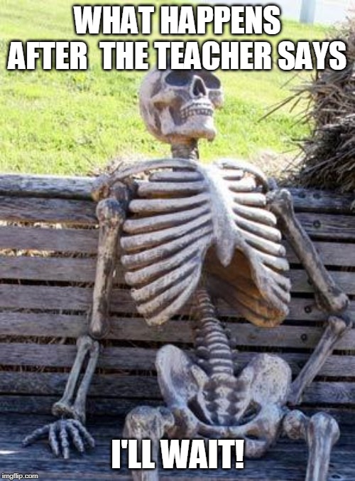 Waiting Skeleton Meme | WHAT HAPPENS AFTER  THE TEACHER SAYS; I'LL WAIT! | image tagged in memes,waiting skeleton | made w/ Imgflip meme maker