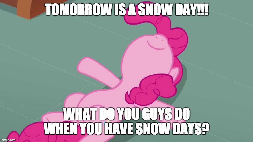 I'm probably going to stay inside, browse the internet, watch youtube videos, and play video games | TOMORROW IS A SNOW DAY!!! WHAT DO YOU GUYS DO WHEN YOU HAVE SNOW DAYS? | image tagged in pinkie relaxing,memes,snow day | made w/ Imgflip meme maker