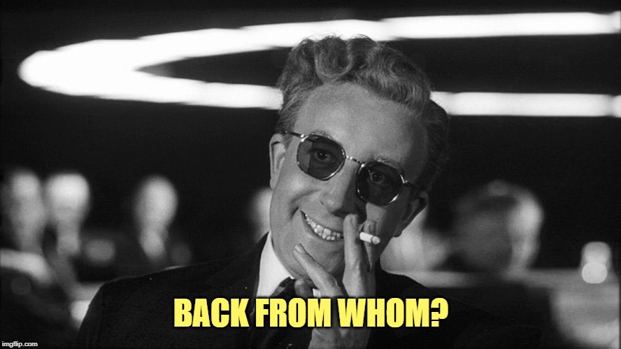 Doctor Strangelove says... | BACK FROM WHOM? | image tagged in doctor strangelove says | made w/ Imgflip meme maker