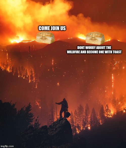 California wildfire | COME JOIN US DONT WORRY ABOUT THE WILDFIRE AND BECOME ONE WITH TOAST | image tagged in california wildfire | made w/ Imgflip meme maker