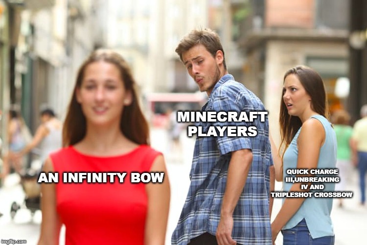 Distracted Boyfriend | MINECRAFT PLAYERS; QUICK CHARGE III,UNBREAKING IV AND TRIPLESHOT CROSSBOW; AN INFINITY BOW | image tagged in memes,distracted boyfriend | made w/ Imgflip meme maker