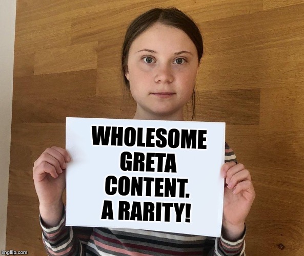 When you cringe at how rare this is. | WHOLESOME GRETA CONTENT. A RARITY! | image tagged in greta,greta thunberg,cringe,wholesome,climate change,global warming | made w/ Imgflip meme maker