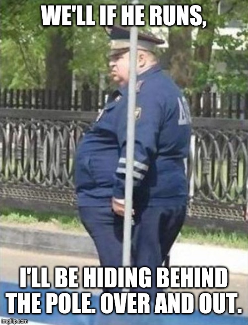 Fat cop behind pole | WE'LL IF HE RUNS, I'LL BE HIDING BEHIND THE POLE. OVER AND OUT. | image tagged in fat cop behind pole | made w/ Imgflip meme maker