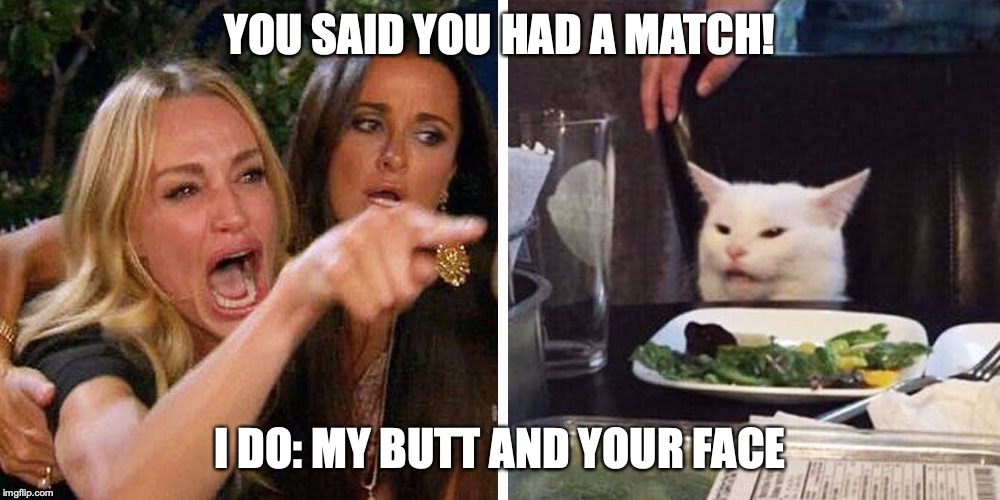 Smudge the cat | YOU SAID YOU HAD A MATCH! I DO: MY BUTT AND YOUR FACE | image tagged in smudge the cat | made w/ Imgflip meme maker