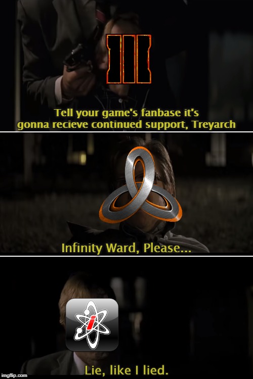 Press F for the fallen franchise. (also: watch the Dark Knight. You likely already have, but consider this your call to rewatch) | Tell your game's fanbase it's gonna recieve continued support, Treyarch; Infinity Ward, Please... | image tagged in blank white template,call of duty,the dark knight,two face | made w/ Imgflip meme maker