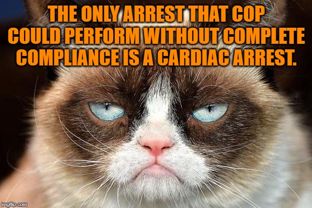 Grumpy Cat Not Amused Meme | THE ONLY ARREST THAT COP COULD PERFORM WITHOUT COMPLETE COMPLIANCE IS A CARDIAC ARREST. | image tagged in memes,grumpy cat not amused,grumpy cat | made w/ Imgflip meme maker
