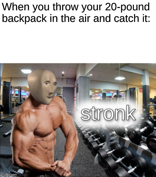 stronks | When you throw your 20-pound backpack in the air and catch it: | image tagged in stronks | made w/ Imgflip meme maker