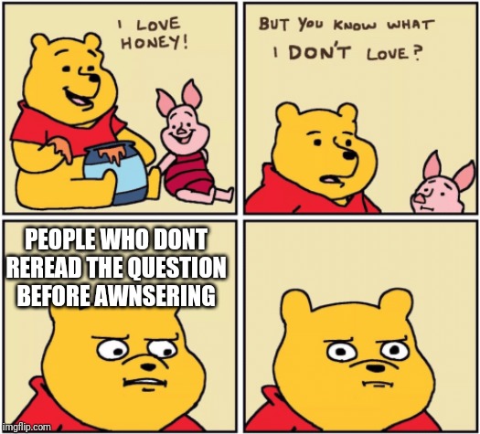 upset pooh | PEOPLE WHO DONT REREAD THE QUESTION BEFORE AWNSERING | image tagged in upset pooh | made w/ Imgflip meme maker