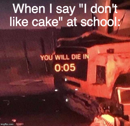 You will die in 0:05 | When I say "I don't like cake" at school: | image tagged in you will die in 005 | made w/ Imgflip meme maker