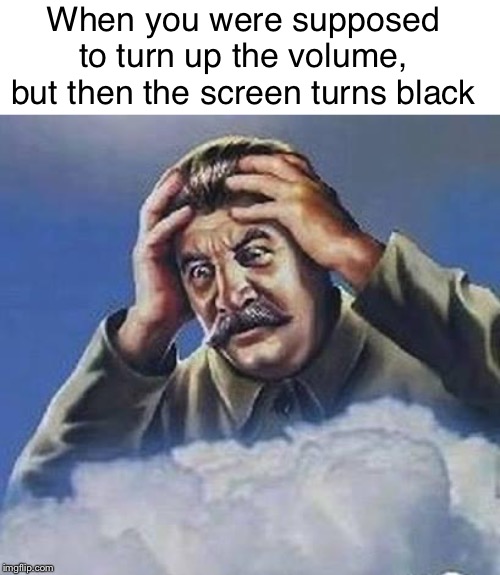 Worrying Stalin | When you were supposed to turn up the volume, but then the screen turns black | image tagged in worrying stalin | made w/ Imgflip meme maker