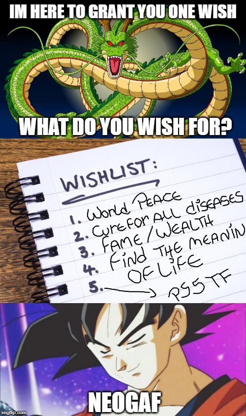 IM HERE TO GRANT YOU ONE WISH; WHAT DO YOU WISH FOR? NEOGAF | made w/ Imgflip meme maker