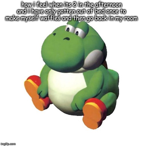 Chonk Yoshi | how I feel when it's 2 in the afternoon and i have only gotten out of bed once to make myself waffles and then go back in my room | image tagged in chonk yoshi | made w/ Imgflip meme maker