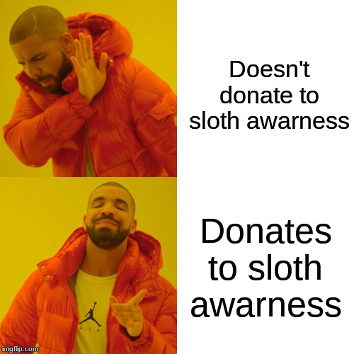 Drake Hotline Bling Meme | Doesn't donate to sloth awarness; Donates to sloth awarness | image tagged in memes,drake hotline bling | made w/ Imgflip meme maker