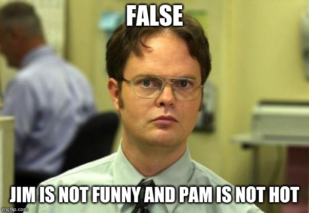 Dwight Schrute | FALSE; JIM IS NOT FUNNY AND PAM IS NOT HOT | image tagged in memes,dwight schrute | made w/ Imgflip meme maker