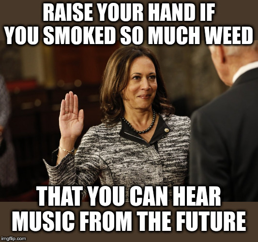 Kamala "Chronic" Harris | RAISE YOUR HAND IF YOU SMOKED SO MUCH WEED; THAT YOU CAN HEAR MUSIC FROM THE FUTURE | image tagged in kamala harris,weed,2pac,snoop dogg,political meme | made w/ Imgflip meme maker