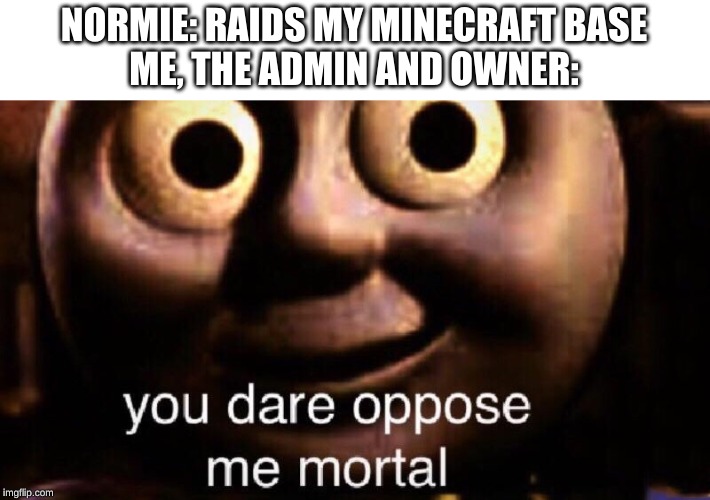 MC SeRvErS iN a NuTsHeLl | NORMIE: RAIDS MY MINECRAFT BASE
ME, THE ADMIN AND OWNER: | image tagged in you dare oppose me mortal | made w/ Imgflip meme maker